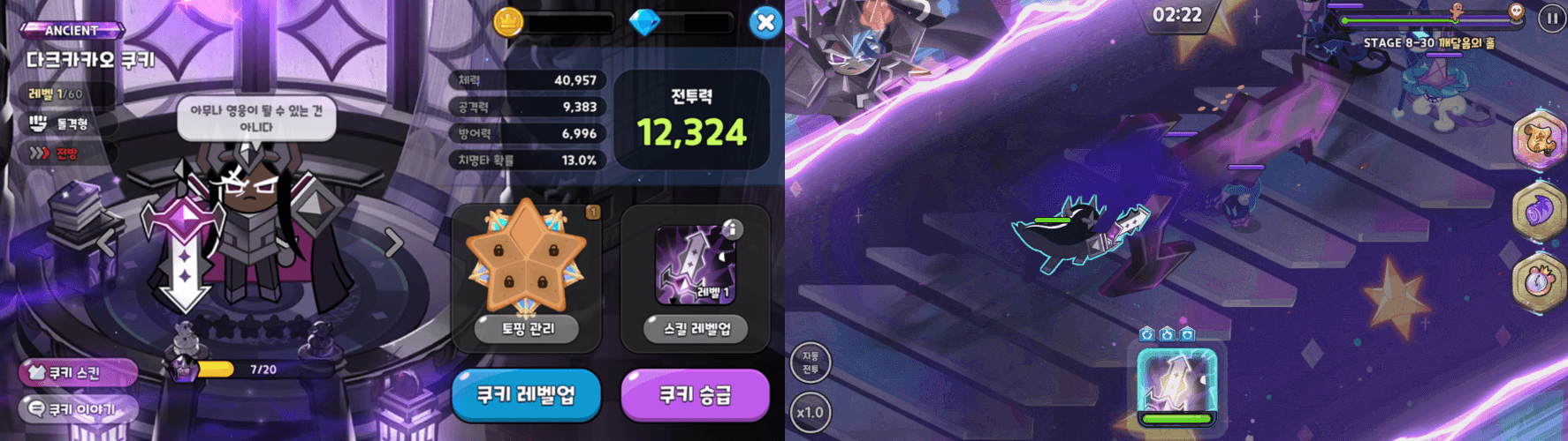 쿠킹덤 다크카카오 스탯창과 스킬 사용 장면