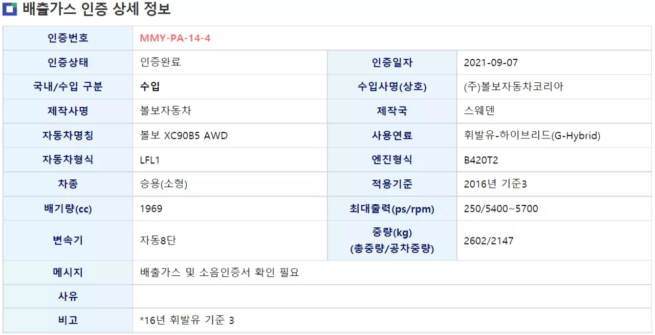 볼보 XC90 B5 AWD 배출가스 인증 상세 내용입니다. (출처 : KENCIS)