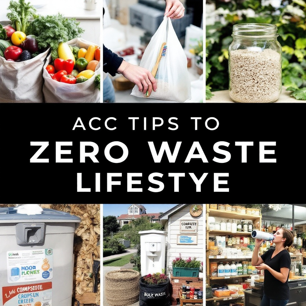 다양한 제로웨이스트 실천 방법을 한눈에 보여주는 일러스트 – 장바구니 사용, 리필 용기, 벌크 스토어 활용 등 환경을 생각하는 생활 습관을 담았습니다.