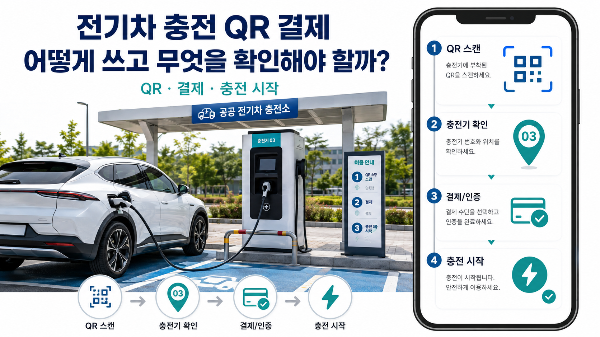 전기차 충전 QR 결제의 사용 순서와 확인 사항을 안내하는 이미지