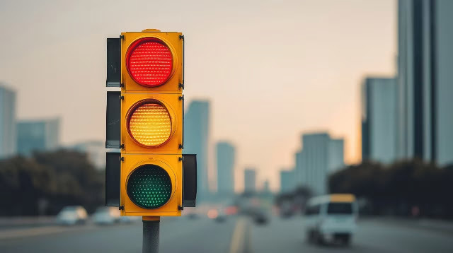 3색 신호등을 상징으로 하루 일과를 마치는 퇴근시간이 연상되는 모습의 이미지