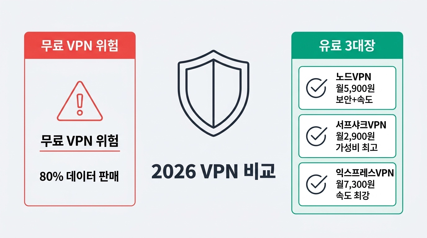 2026 VPN 추천 비교 무료 vs 유료 3대장 NordVPN Surfshark ExpressVPN 인포그래픽
