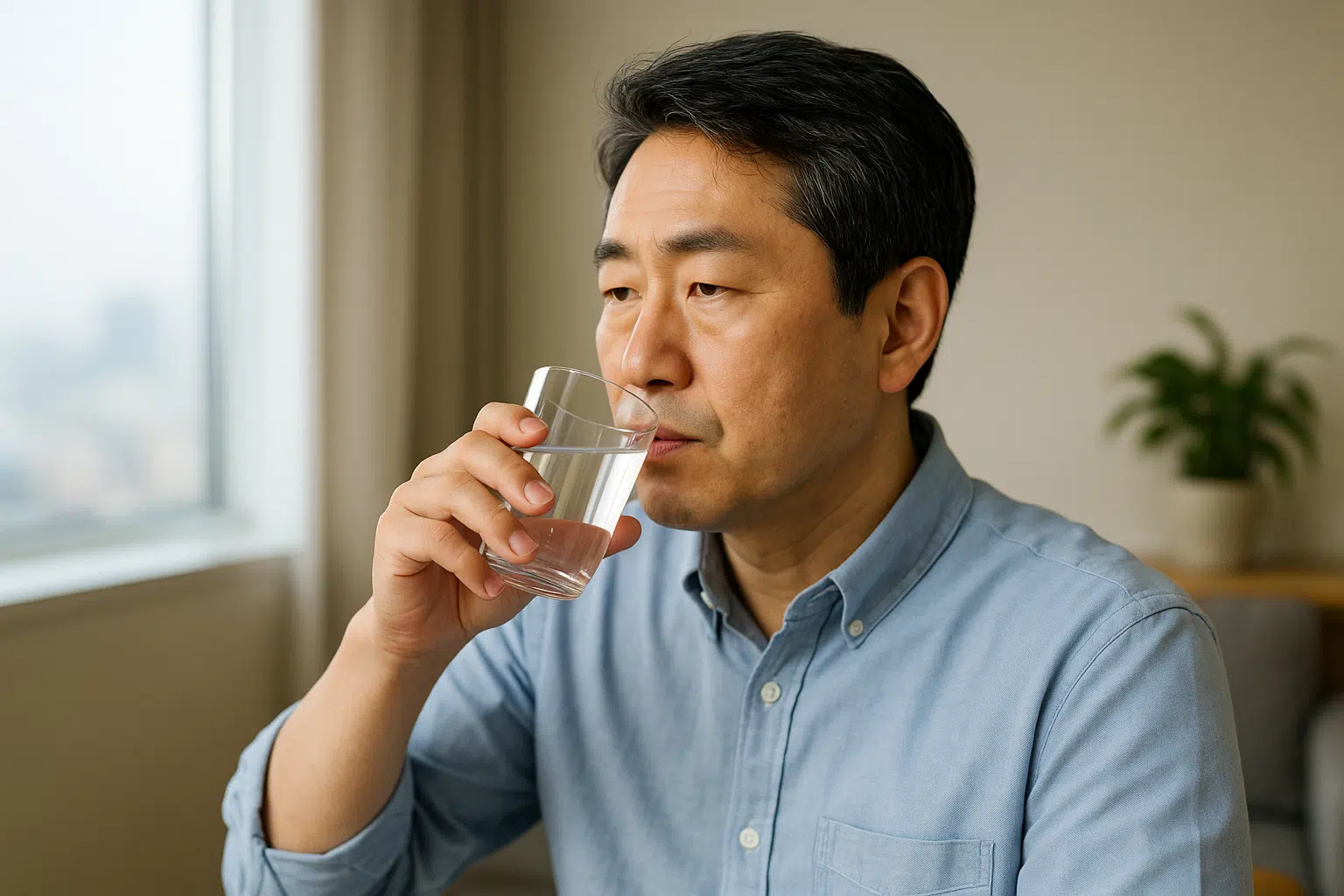 중년 남성이 유리컵에 담긴 물을 천천히 마시는 장면