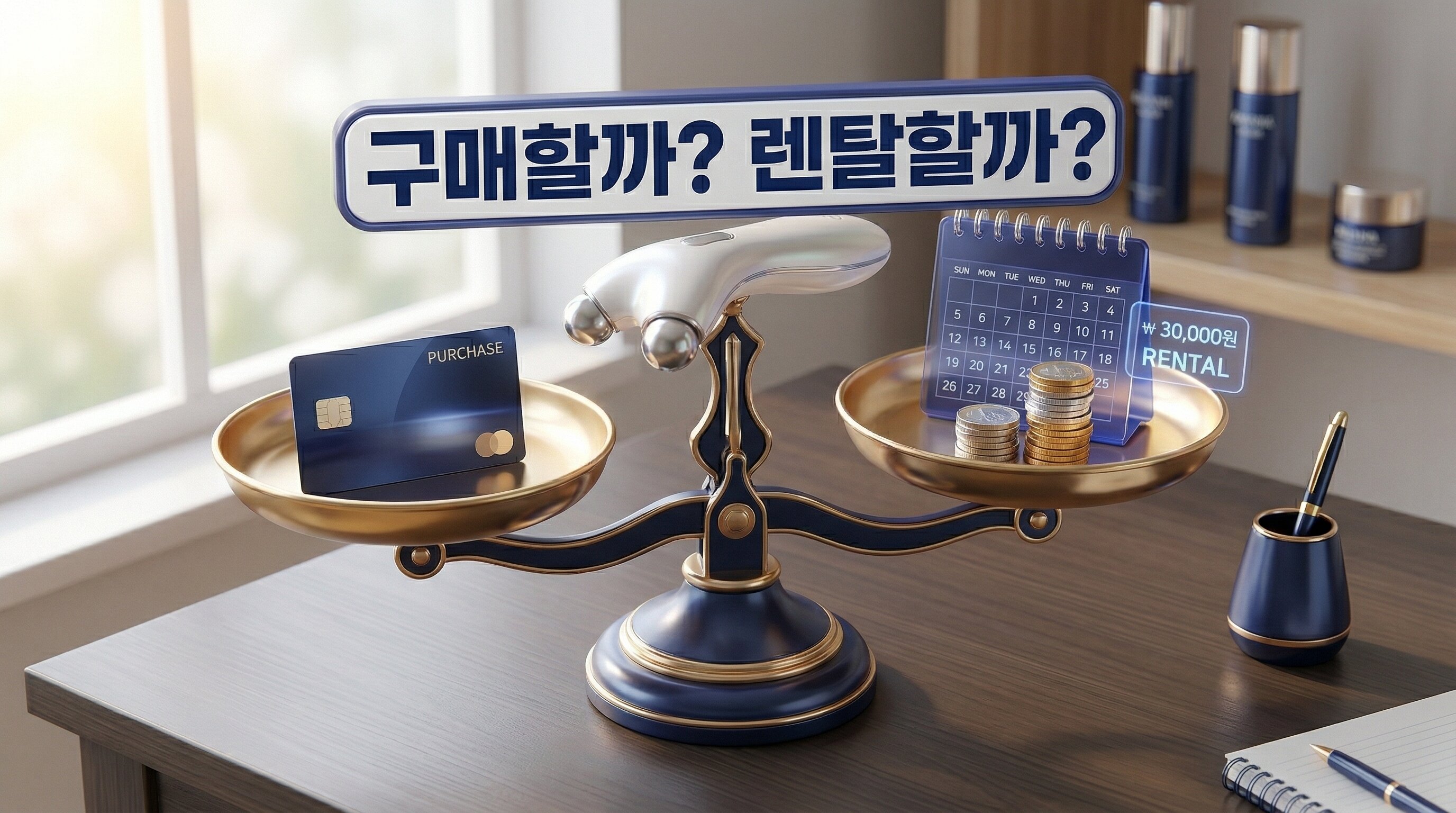 황금색 저울 위에 균형 있게 올려진 세련된 뷰티 디바이스 양옆으로 신용카드와 동전이 놓인 달력이 있는 3D 일러스트 배경에 짙은 그림자와 외곽선으로 선명하게 강조된 '구매할까? 렌탈할까?'라는 한글 문구가 중앙에 적힌 이미지