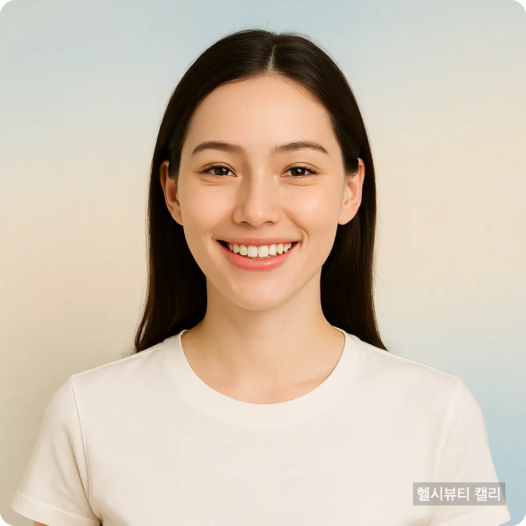 흰 티셔츠를 입은 젊은 여성이 미소 짓고 있는 클로즈업 이미지