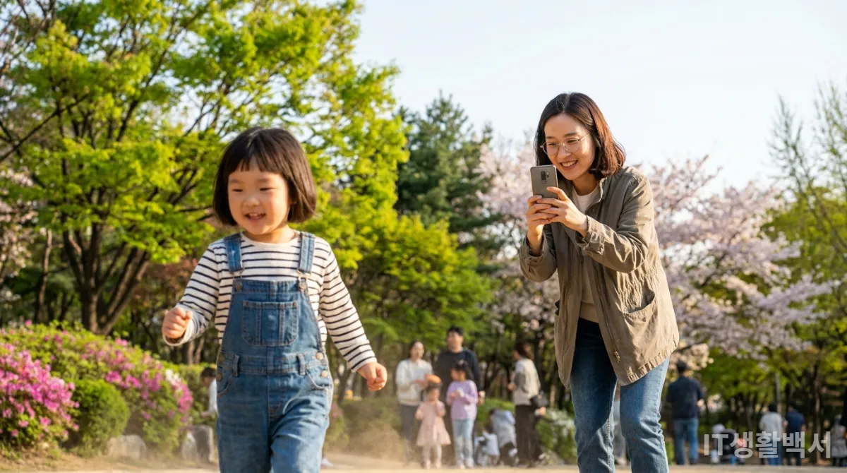 공원에서 아이가 노는 모습을 스마트폰으로 촬영하는 한국인 엄마의 모습