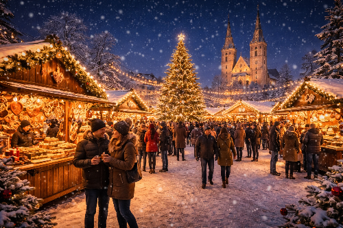 독일 크리스마스 마켓에서 눈 내리는 겨울밤, 조명으로 장식된 목조 상점들과 광장에서 사람들이 따뜻한 음료를 즐기며 축제를 보내는 모습