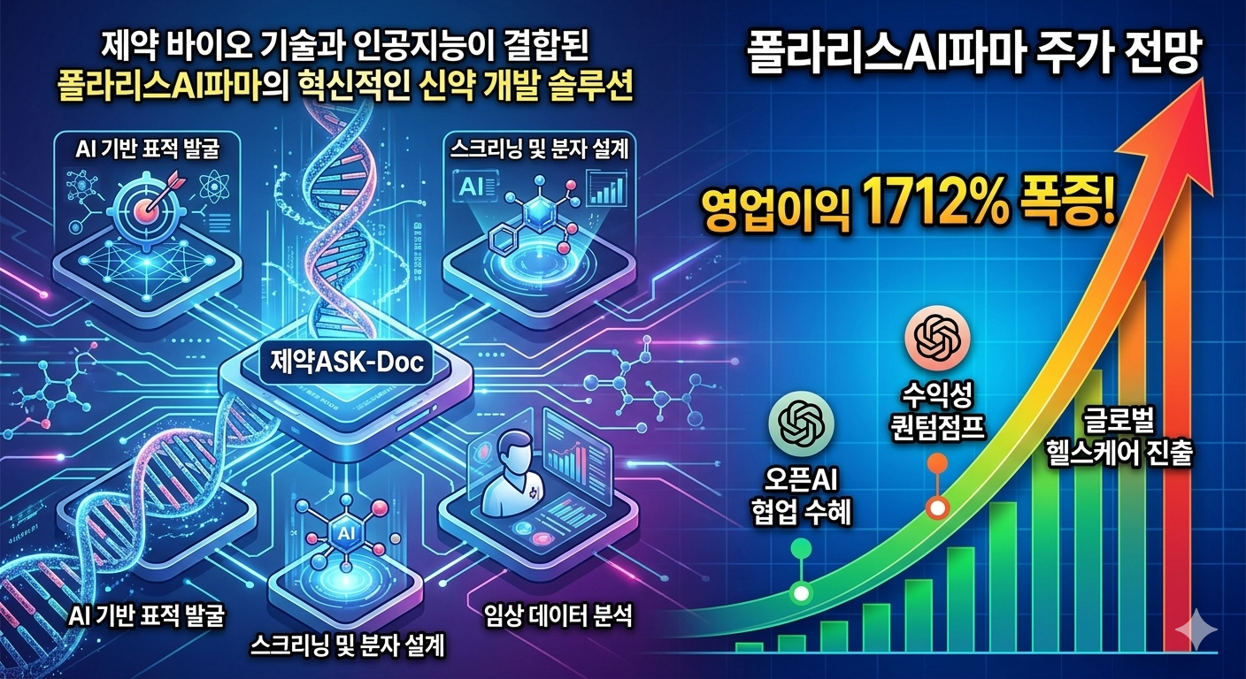 제약 바이오 기술과 인공지능이 결합된 폴라리스AI파마의 혁신적인 신약 개발 솔루션과 급등하는 주가 그래프 이미지