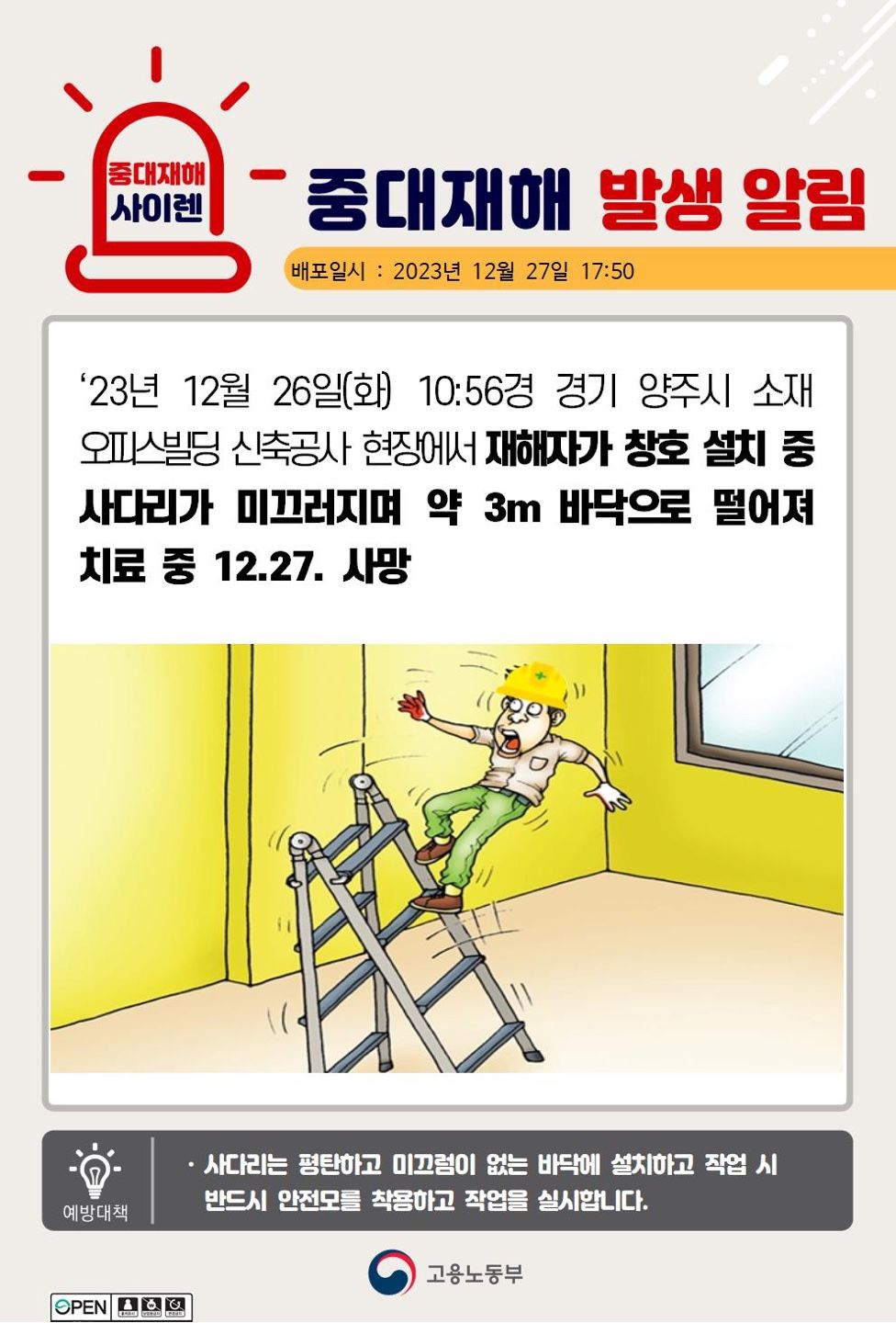 창호 설치 중 사다리가 미끄러지며 떨어짐(3m)
