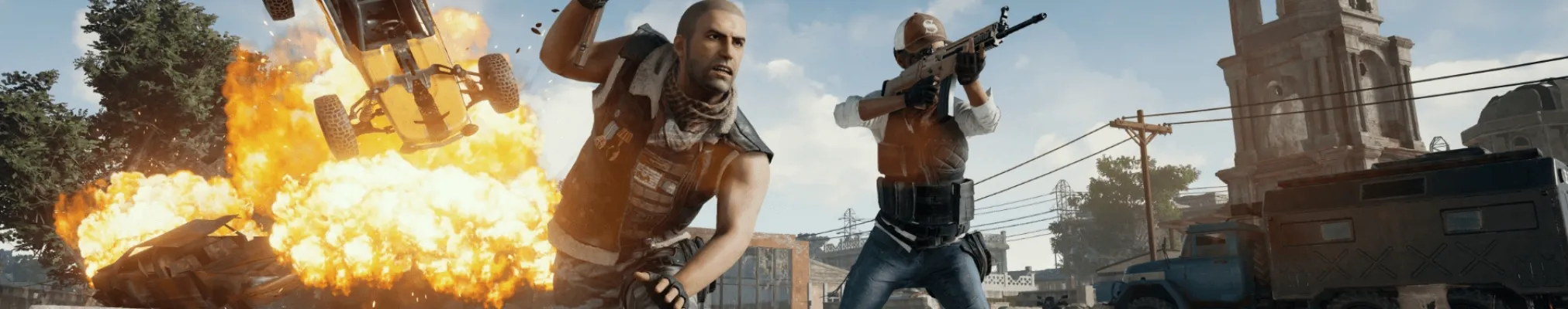 전투장면으로-진격하는-두명의-군인과-뒷배경에는-수류폭탄으로-차가-날아가고있다