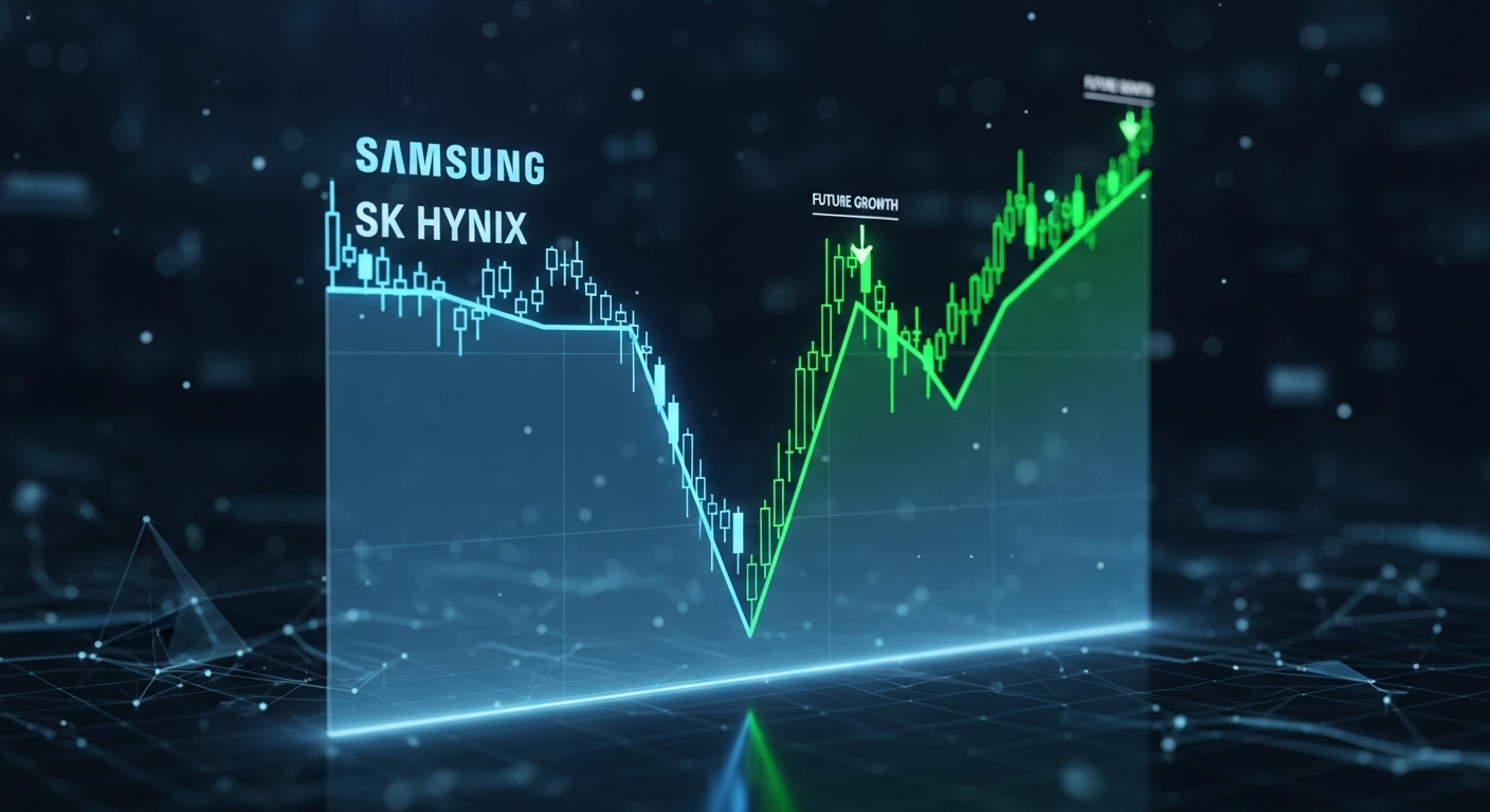 Future prediction graph showing Samsung and SK Hynix stock charts dipping briefly (V-shape rebound) and rising again.
