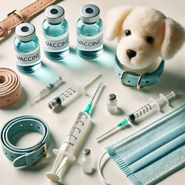 깨끗한 흰 배경 위에 정돈된 강아지 예방접종용 의료용품들의 전문 스튜디오 촬영 사진