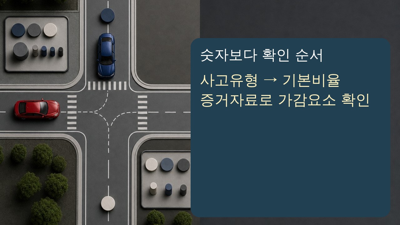자동차사고 과실비율 조회에서 기본비율과 가감요소를 구분해 보는 도로 사고 도식