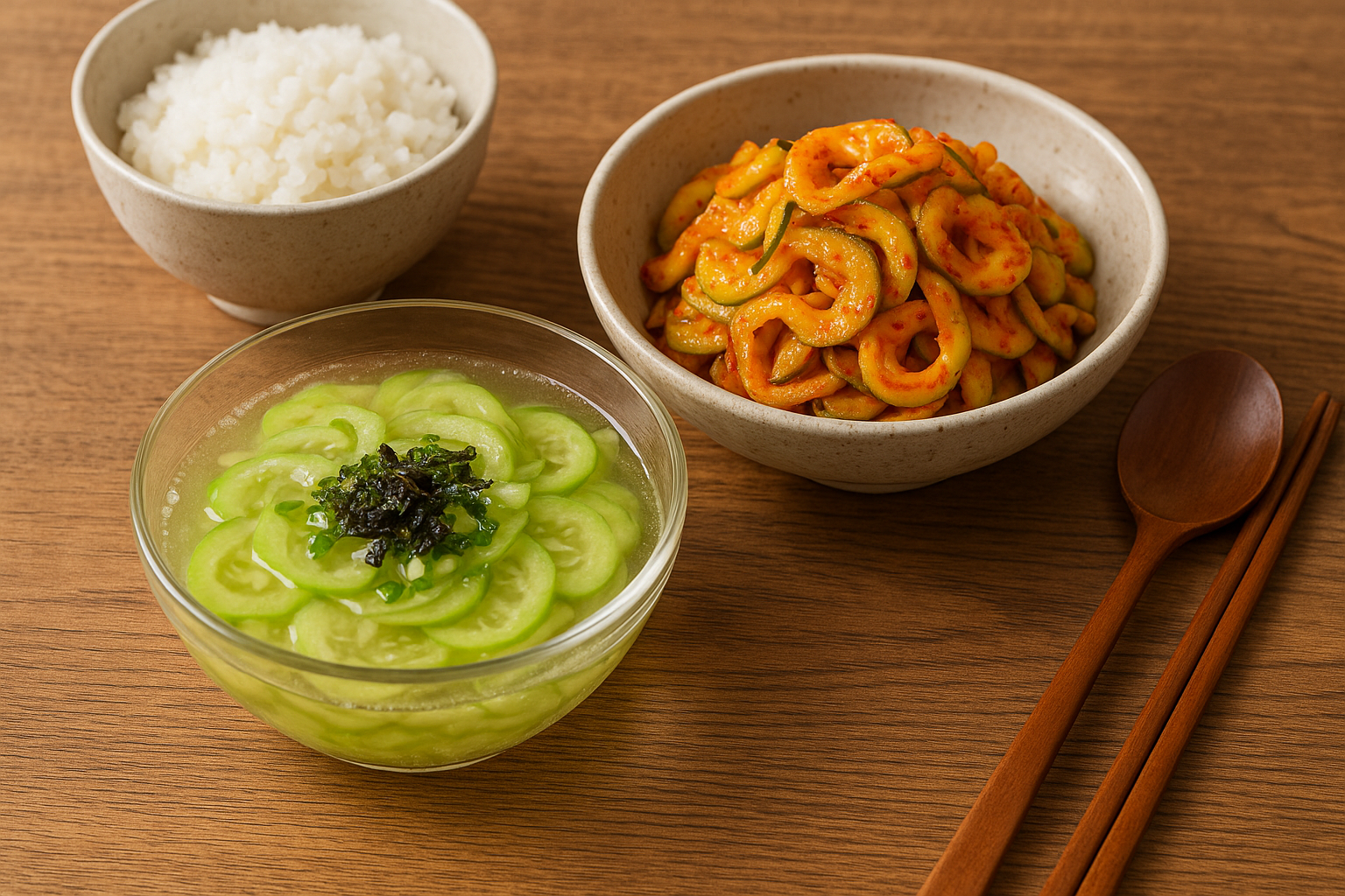 "노각 냉국과 노각 무침, 흰밥이 함께 차려진 여름 한식 상차림"