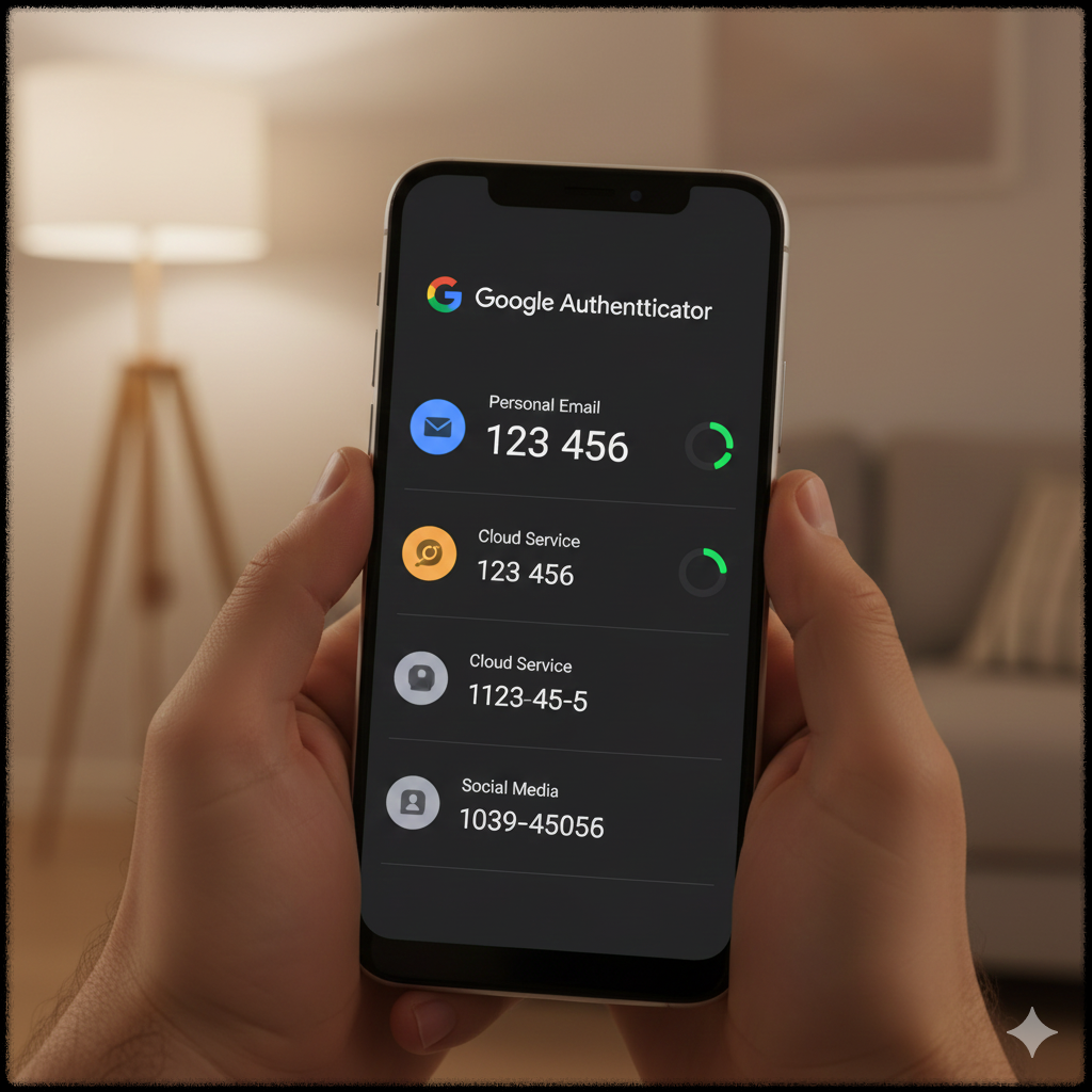 사용자가 스마트폰에서 Google Authenticator 앱의 인증 코드를 확인하는 모습