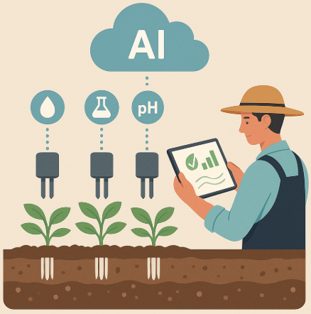 실시간 토양 분석 시스템을 표현한 인포그래픽. 토양 센서가 수분과 영양분을 측정하고, 데이터가 클라우드 AI로 전송돼 분석되며, 농민이 스마트 기기로 확인하는 과정을 시각화한 이미지.