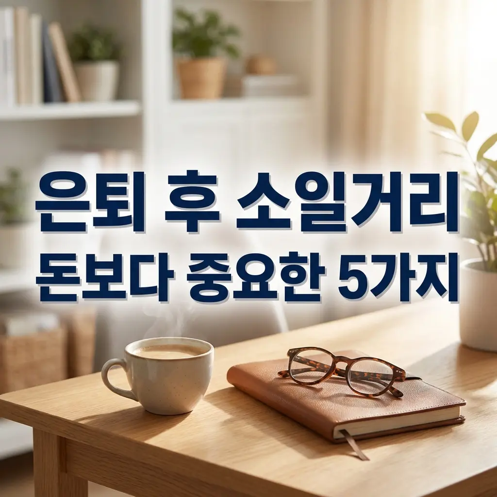 밝고 차분한 분위기의 실내 책상 위에 따뜻한 김이 모락모락 나는 커피 한 잔과 가죽 커버의 수첩, 그리고 갈색 뿔테 안경이 놓여 있는 모습. 화면 중앙에는 '은퇴 후 소일거리, 돈보다 중요한 5가지'라는 문구가 굵고 진한 남색 글씨로 강조되어 있어, 은퇴 후 새로운 일을 시작하기 전 점검해야 할 기준을 설명하는 썸네일 이미지.