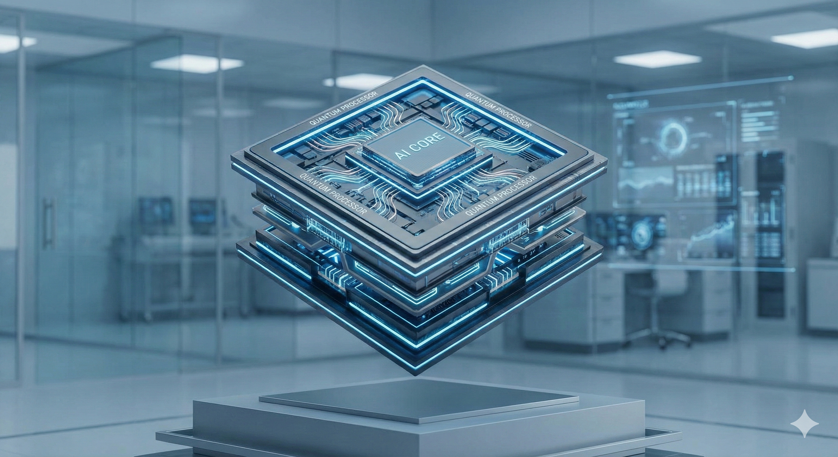 푸른색 빛을 내는 AI 인공지능 반도체 칩의 상세 이미지, 흐릿한 데이터 센터 서버실 배경