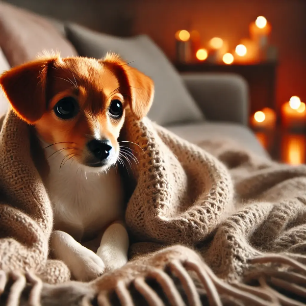 실내에서 담요 위에 앉아 떨고 있는 강아지, 추위 또는 건강 문제로 인한 떨림 표현