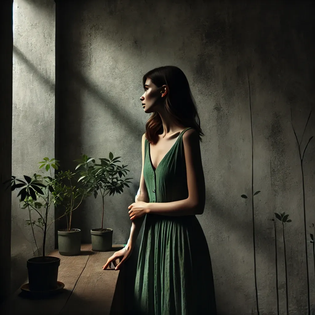 어두운 방 안에서 창밖을 바라보는 녹색 옷을 입은 여성. 방 안에는 자연과 연결된 듯한 흙과 식물이 자라나는 분위기가 감돌고 있다.