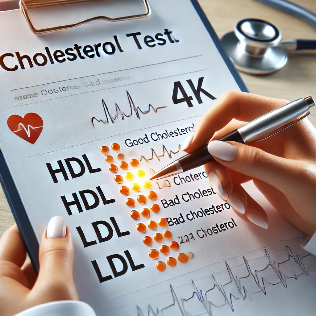 HDL(좋은 콜레스테롤)과 LDL(나쁜 콜레스테롤) 수치가 강조된 콜레스테롤 검사 결과