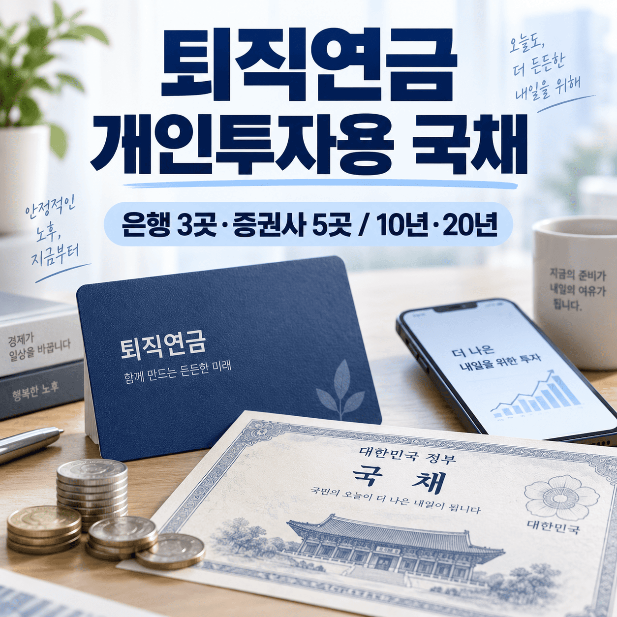 퇴직연금 계좌와 국채 문서 아이콘 옆에 은행 3곳과 증권사 5곳을 안내하는 이미지