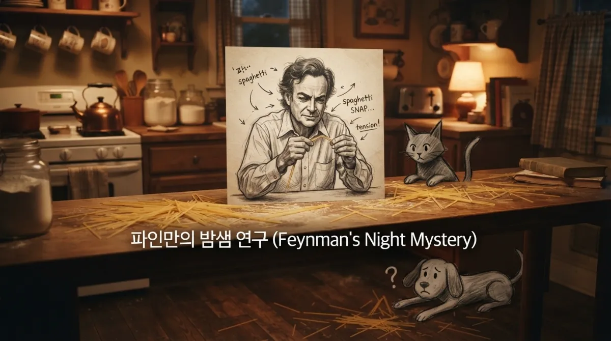 1960년대 빈티지 부엌의 따뜻한 앰버 조명 아래서 부서진 스파게티 조각이산란된 조리대 앞, 리처드 파인만이 마른 스파게티 면을 양손으로 잡고 진지하게 관찰하는 친필 일러스트레이션. 주변에는 점묘 스타일의 스틱 캣과 스틱 독 캐릭터가 호기심 어린 표정으로 앉아 있는 모습.