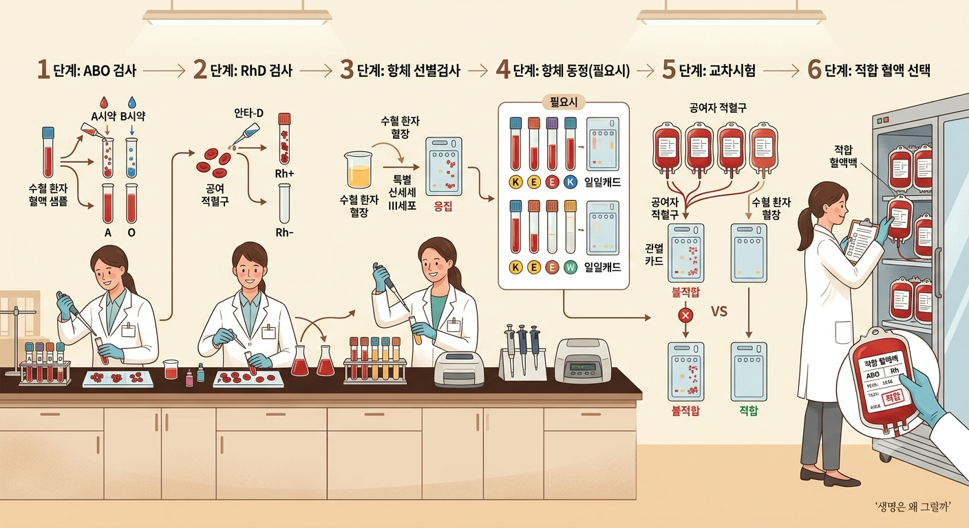 수혈 전 ABO RhD 혈액형 검사 항체 선별검사 교차시험 과정