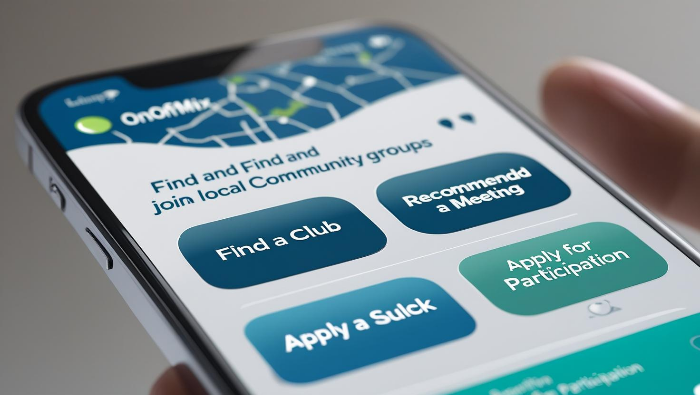 스마트폰 화면에 표시된 동호회 모임 앱에서 지역 커뮤니티 정보를 검색하는 모습