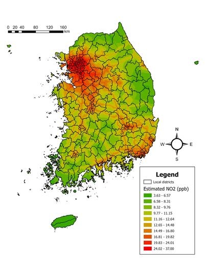 포스텍 이형주 교수팀인공위성 사진으로 분석부자동네나 도시일수록대기오염도 높게 나타나