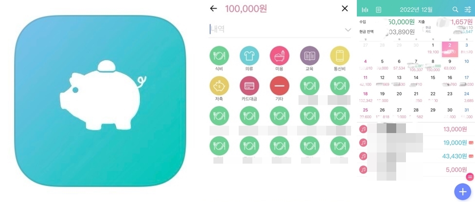 위플가계부 앱의 아이콘과 사용화면 사진