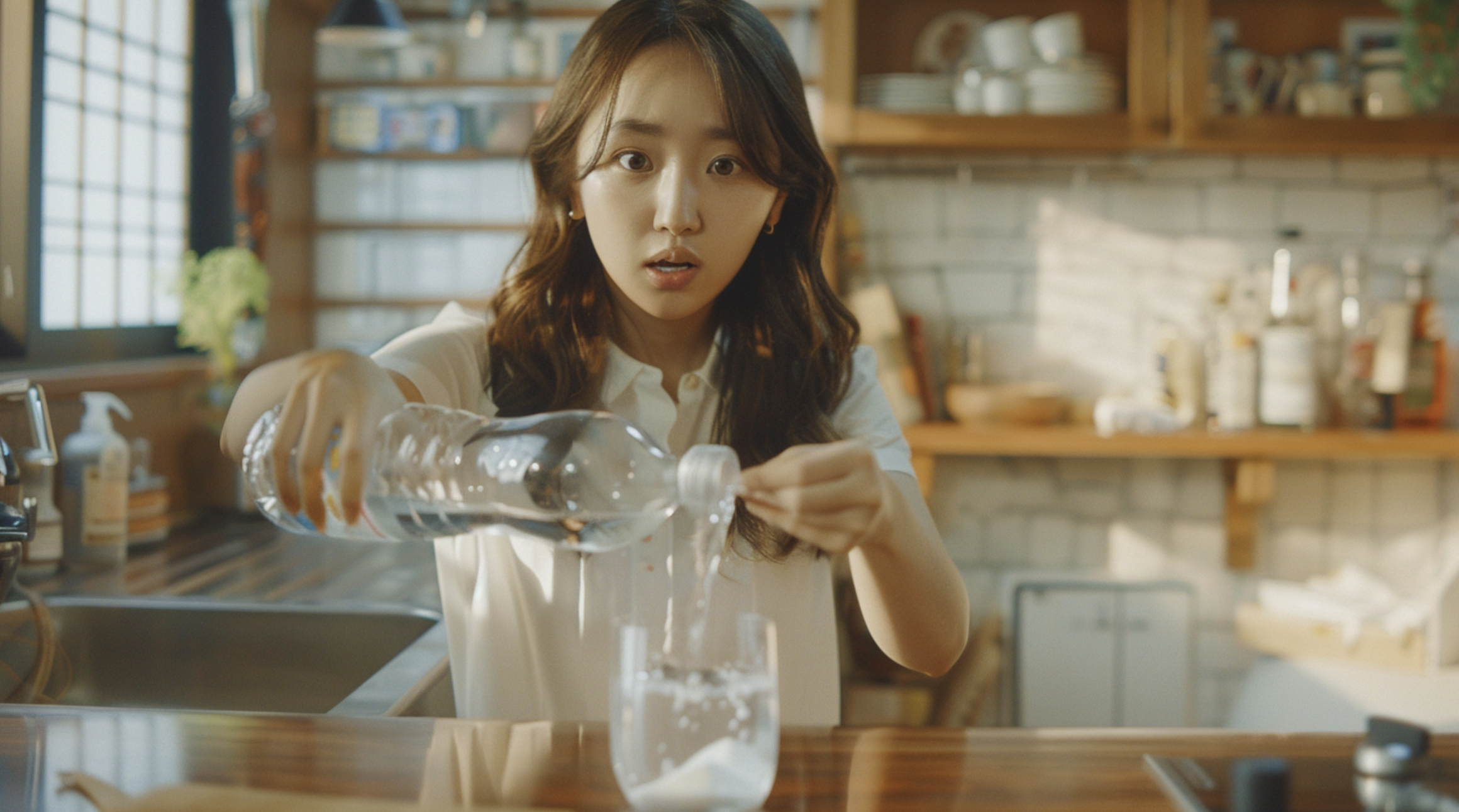 미네랄워터를 유리잔에 붓는과정에서 불순물(무기미네랄)을 발견하고 놀란 표정을 짓는 여성