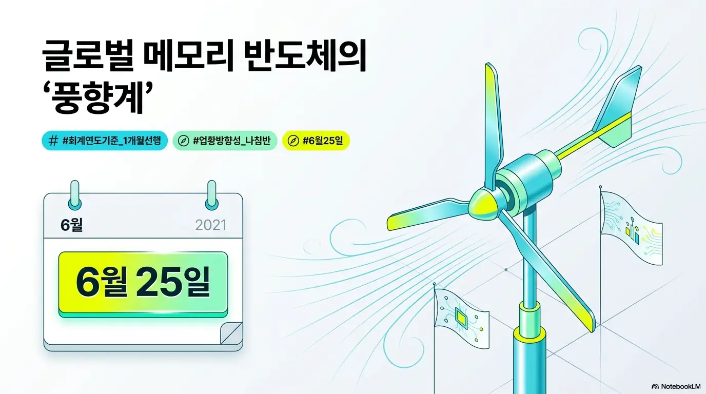 마이크론 실적 발표 결과: &rsquo;글로벌 메모리 반도체의 풍향계&amp;#39;라는 문구와 6월 25일 달력&amp;#44; 풍향계 일러스트가 담긴 이미지. 이 이미지는 마이크론이 회계연도 기준 약 한 달 앞서 실적을 발표해 메모리 업황 방향을 먼저 보여주는 선행 지표임을 시각적으로 전달하며&amp;#44; 블로그의 마이크론 실적발표 일정과 관련된 내용을 설명함 
