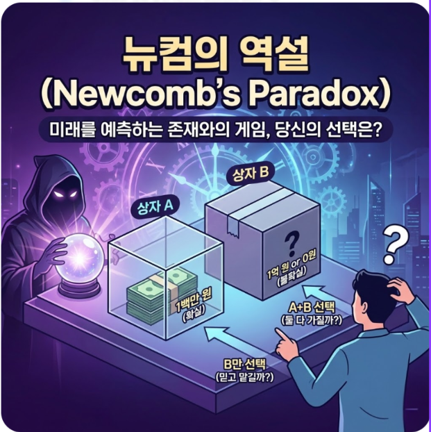 뉴컴의 역설 (Newcomb's Paradox): 미래를 예측하는 존재와의 게임, 상자 두 개 중 무엇을 선택하는 것이 유리한가?