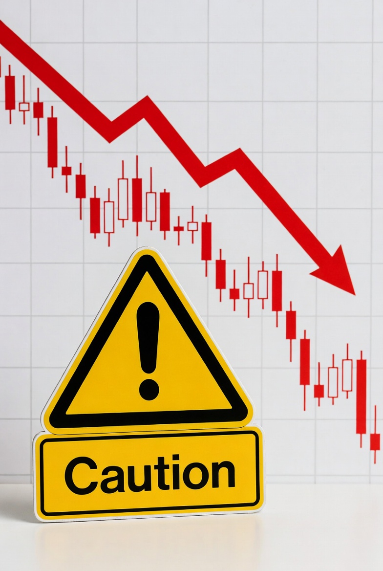 'Caution' 표지판과 주식 매도 물량을 형상화한 일러스트
