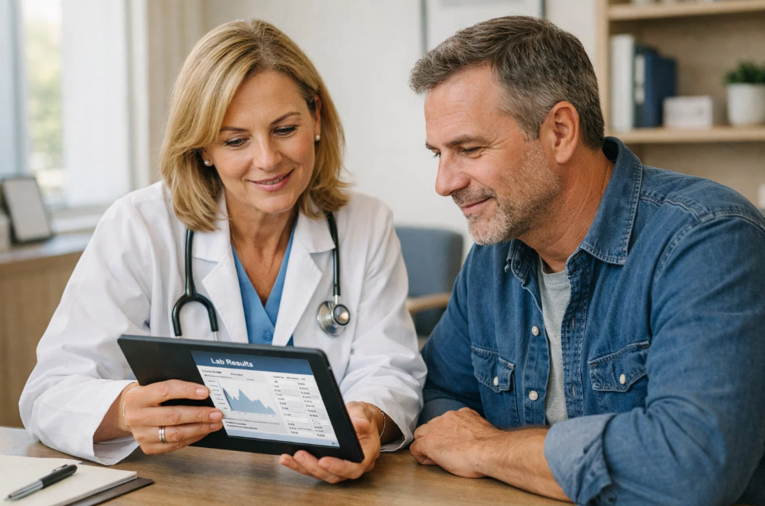 의사가 태블릿으로 간 검사 결과를 설명하며 환자와 상담하는 장면