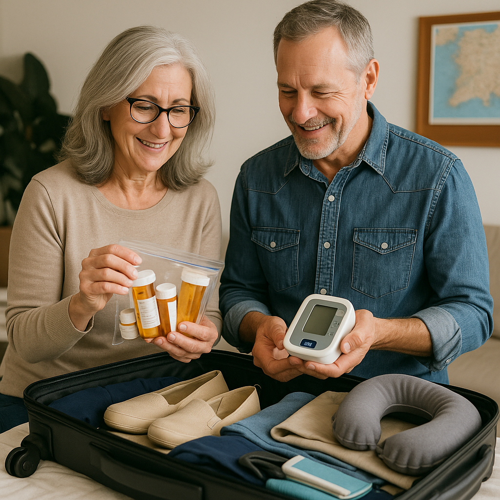 여행을 준비하며 처방약이 담긴 지퍼백과 혈압 측정기를 점검하는 50대 중년 부부, 침대 위엔 편한 신발, 목베개, 옷가지 등이 정리된 여행가방이 놓여 있음
