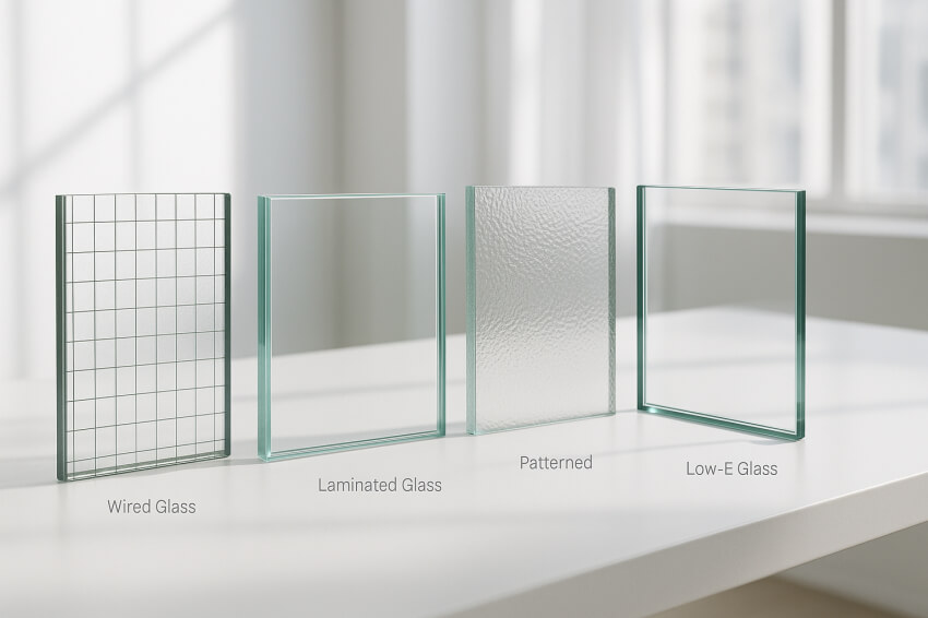 다양한 유리 샘플이 종류별로 진열이 되어 있는 모습