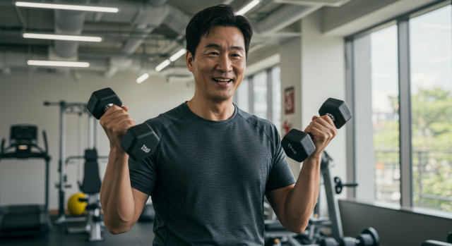 건강을 지키기 위해 운동하는 한국인 중년 남성