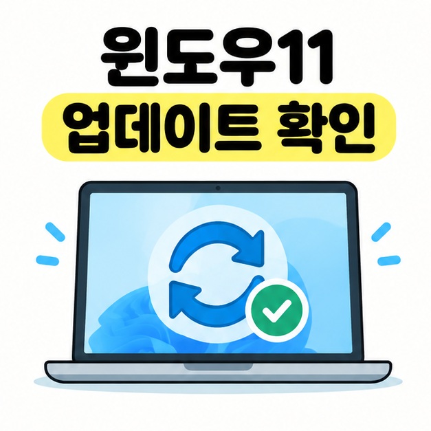 윈도우11 업데이트 확인이라는 제목 아래 순환 화살표와 초록색 확인 표시가 있는 노트북을 배치한 이미지