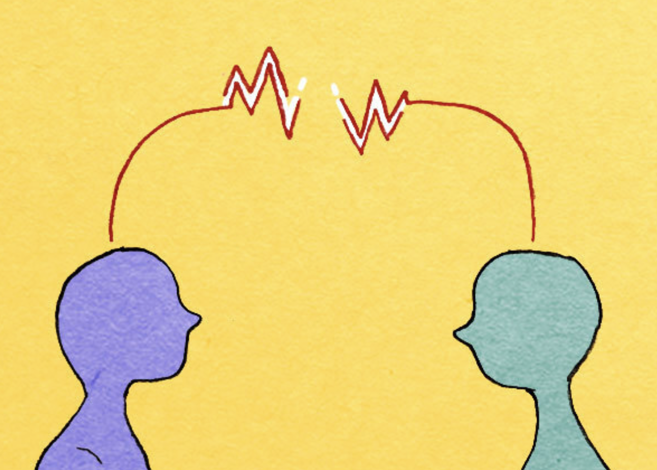 사람의 머리끼리 전파로 연결되는 모습을 그린 일러스트