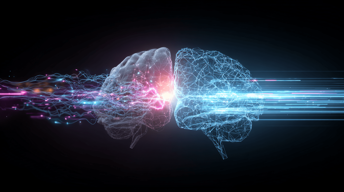 인공지능과 사람의 뇌가 상호작용하는 개념적 이미지. 이는 AI와의 명확한 소통의 중요성을 강조