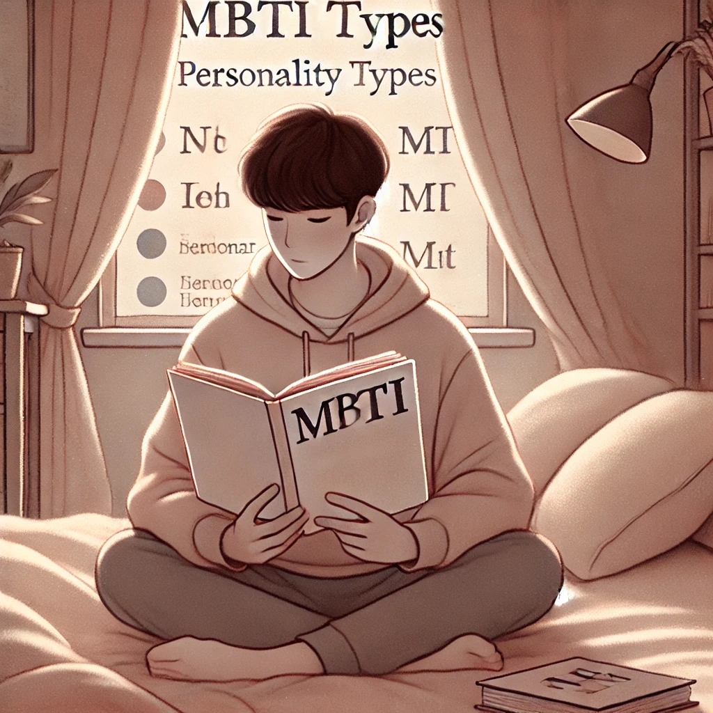 편안한 공간에서 MBTI 정보를 살펴보며 연애 관계를 이해하려는 사람