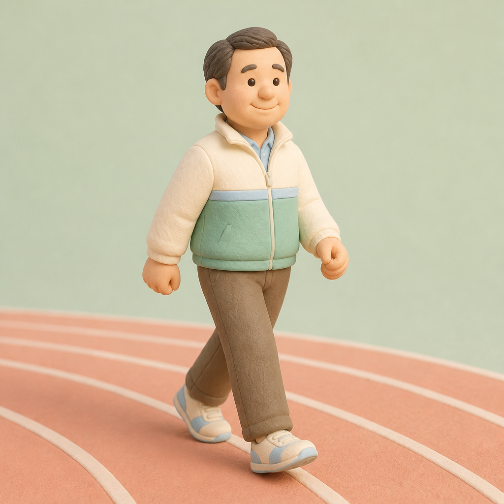 학교 운동장 트랙에서 팔을 가볍게 흔들며 걷는 중년 남성
