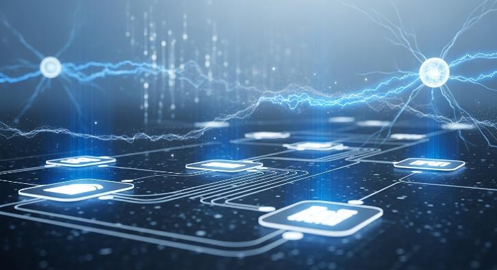 n8n 노드와 워크플로우로 연결된 AI 자동화 시스템의 미래적인 모습, 데이터 흐름과 혁신적인 기술을 상징하는 추상적인 이미지