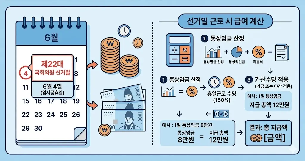 달력에 6월 4일 선거일이 빨간 원으로 표시되고 옆에 원화 지폐가 놓인 이미지