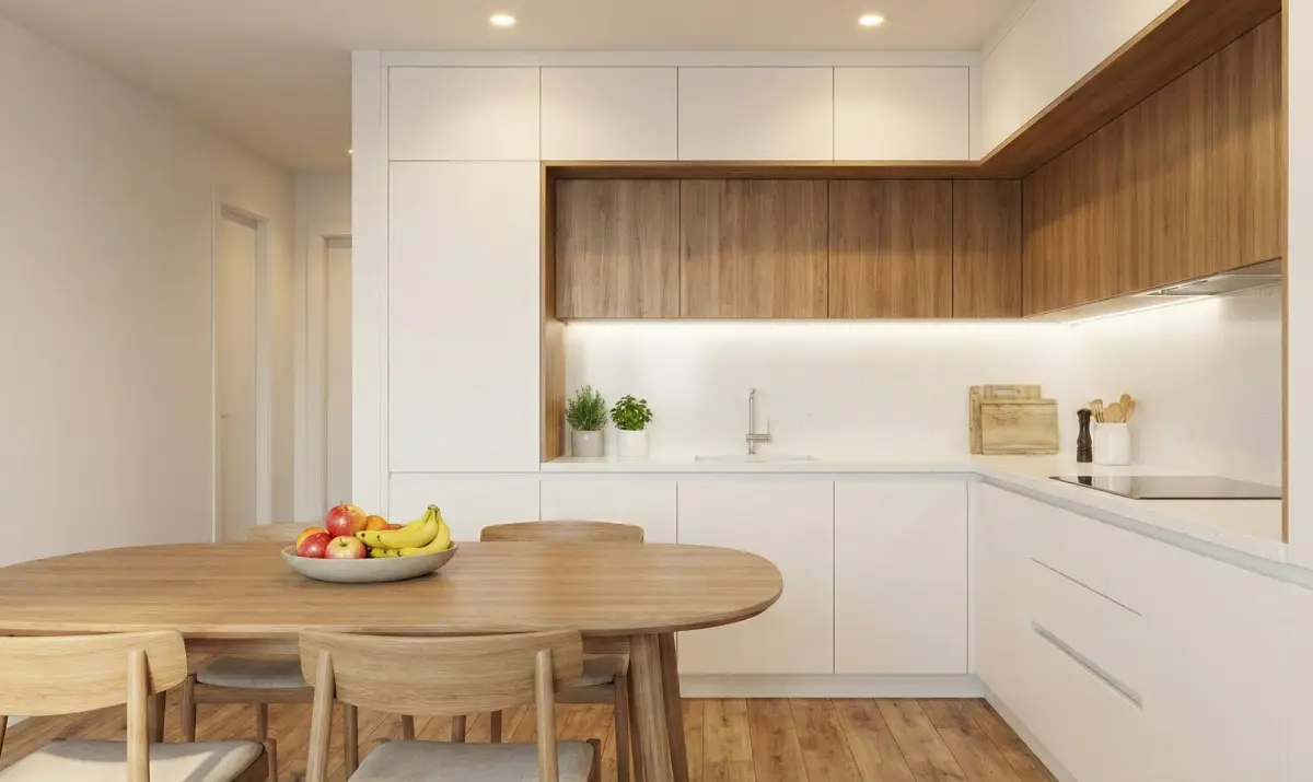 칼과 가위가 수납된 깔끔한 주방 싱크대와 식탁 위의 싱싱한 과일