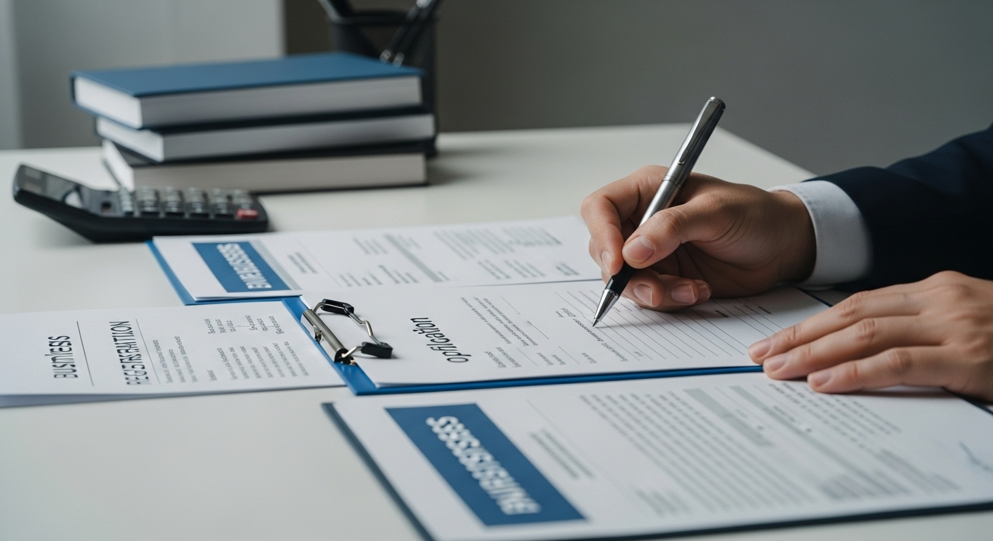 사업 계획서와 대출 신청 서류를 꼼꼼히 작성하는 손의 모습.