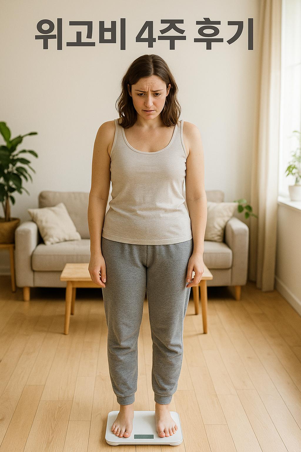 위고비 4주 후기, 체중계에 올라선 여성 모습