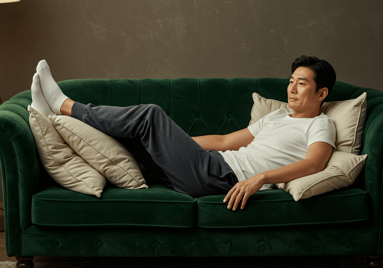소파에 누워 베개 위로 다리를 올려 휴식하는 중년 남성